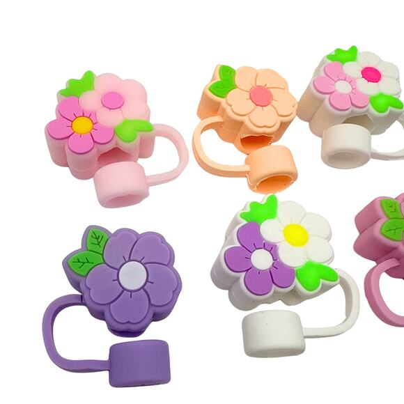 Floral Silicone Straw Cover Toppers 6 Piece Set 10mm Straws Pastel Flowers Girly - Picture 3 of 4